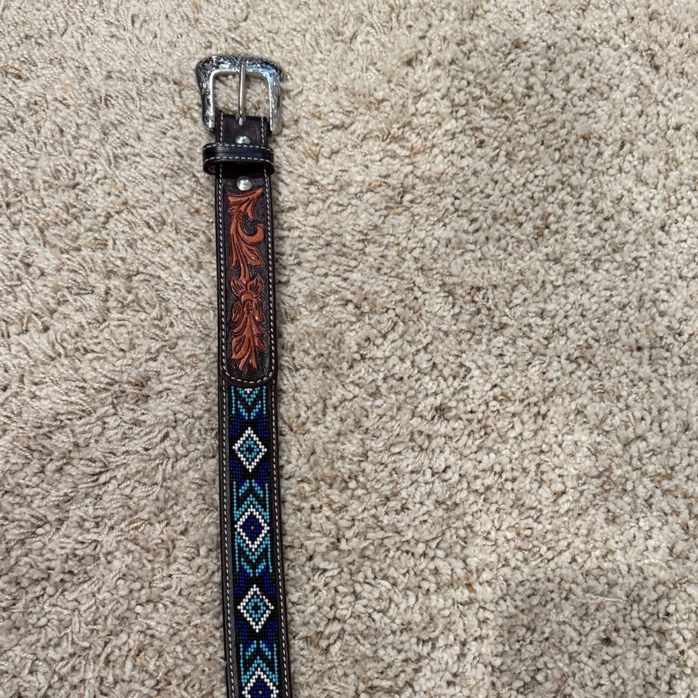Beaded Leather Belt with Silver Buckle